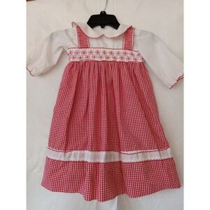 Vintage Fischel Toddler Girls 2T Red Gingham Smocked Dress Long Sleeve